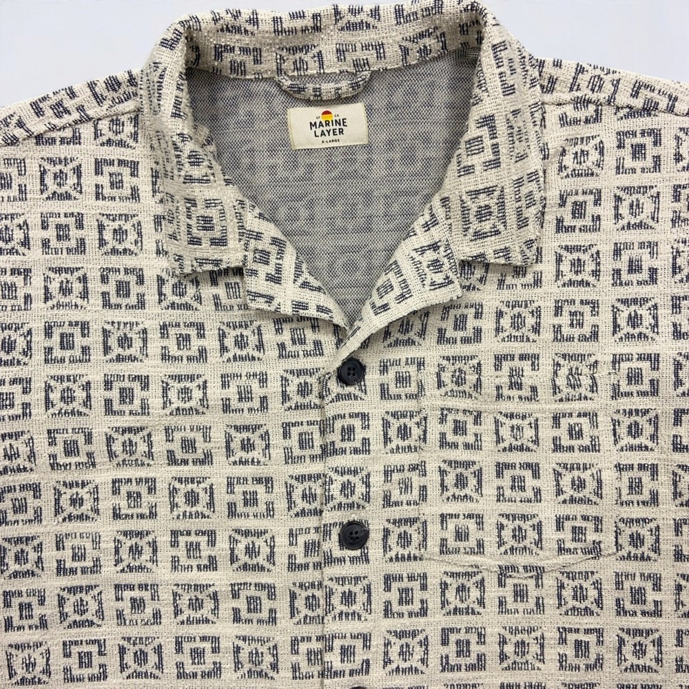 Marine Layer Resort Shirt Men's XL Tan Neutral Geo Archive Cam Jacquard Camp - Picture 3 of 14